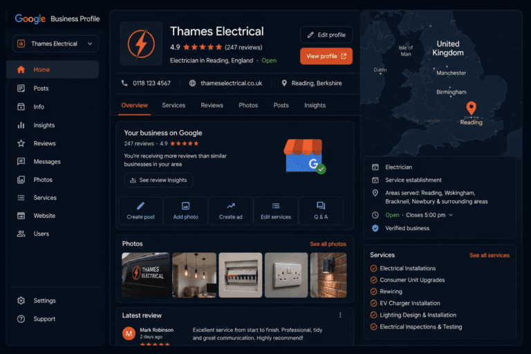 Google Business Profile dashboard showing a UK tradesperson's local listing with reviews and map location
