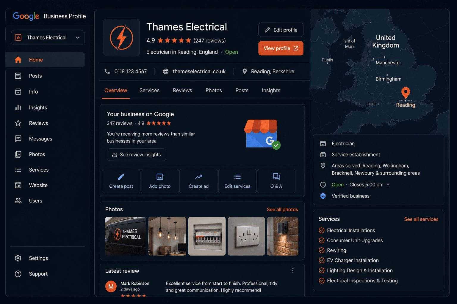 Google Business Profile dashboard showing a UK tradesperson's local listing with reviews and map location
