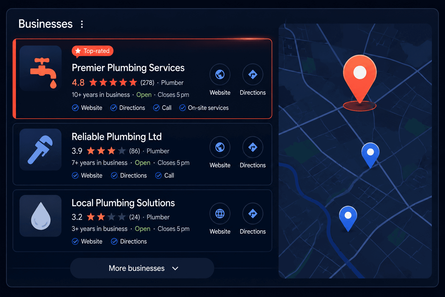 Google Local Pack showing three optimised tradesperson listings with strong review counts and complete business profiles