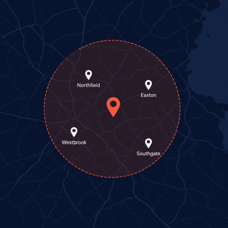Google Business Profile map showing a service area radius covering multiple UK towns for a tradesperson