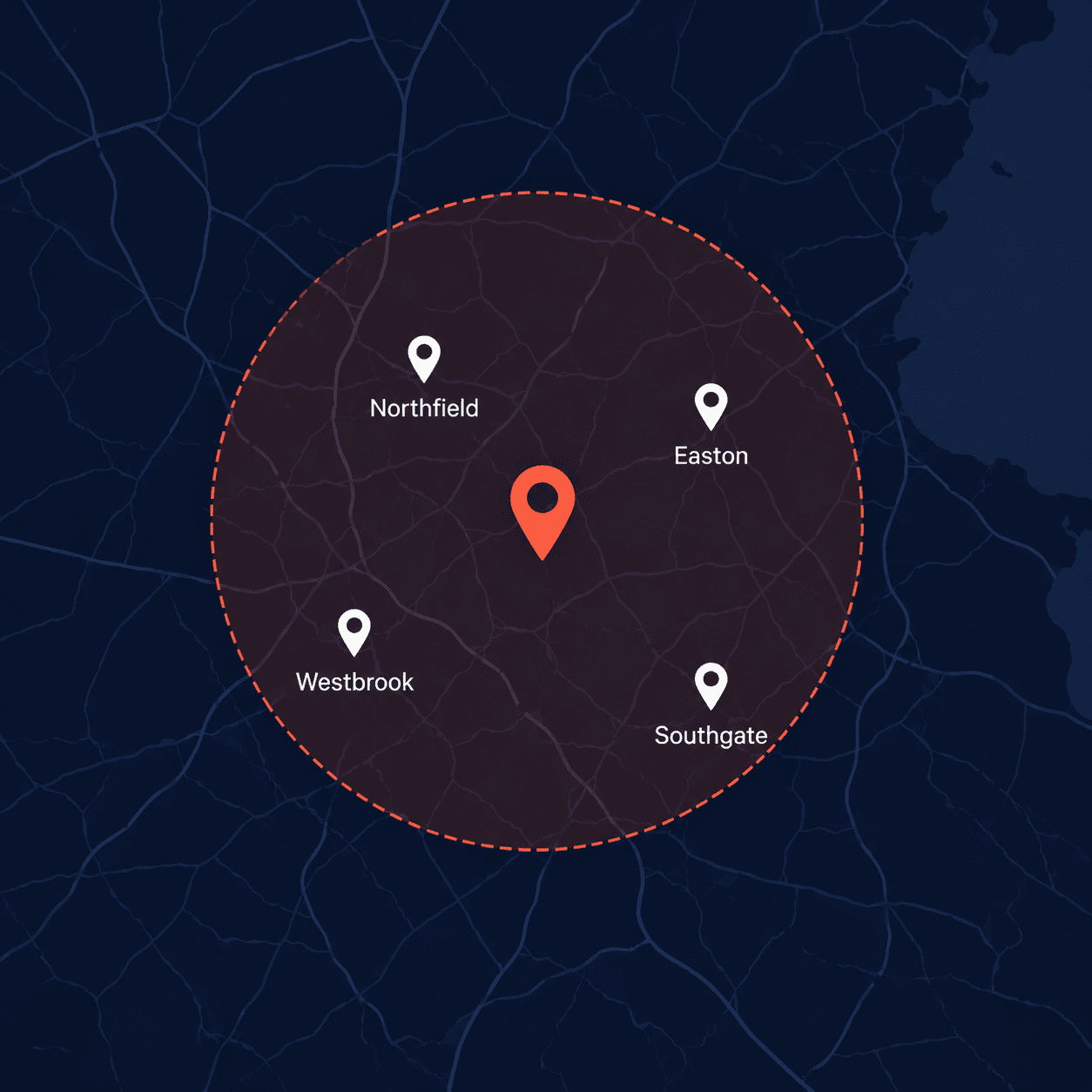 Google Business Profile map showing a service area radius covering multiple UK towns for a tradesperson