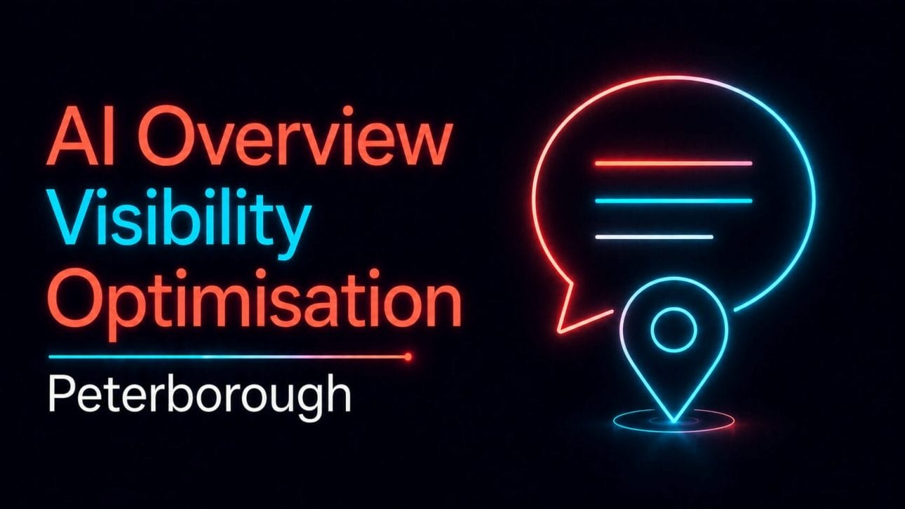 Glowing chat bubble merging into a map pin, representing AI search visibility for Peterborough trades businesses.