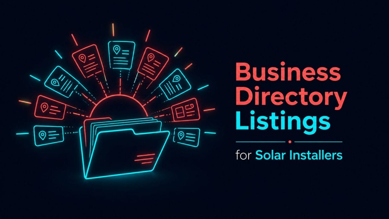 Glowing folder with directory entries representing business directory listings for solar installers.