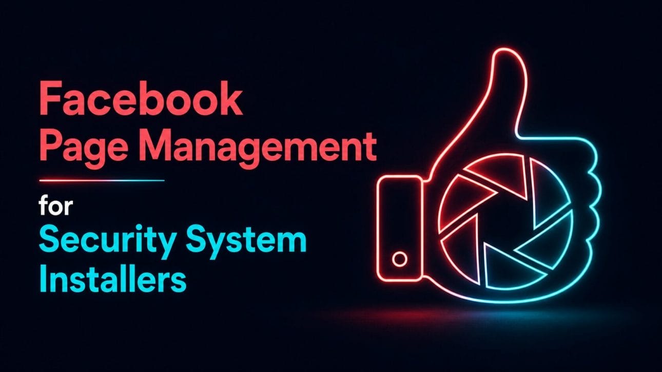 Glowing thumbs-up and camera icon representing Facebook page management for security system installers.