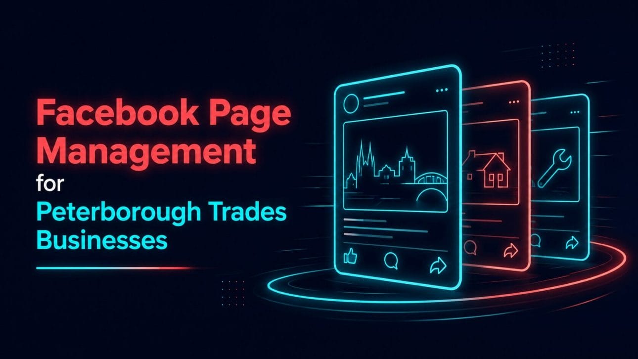 Glowing stacked social feed cards representing Facebook page management for Peterborough trades businesses.