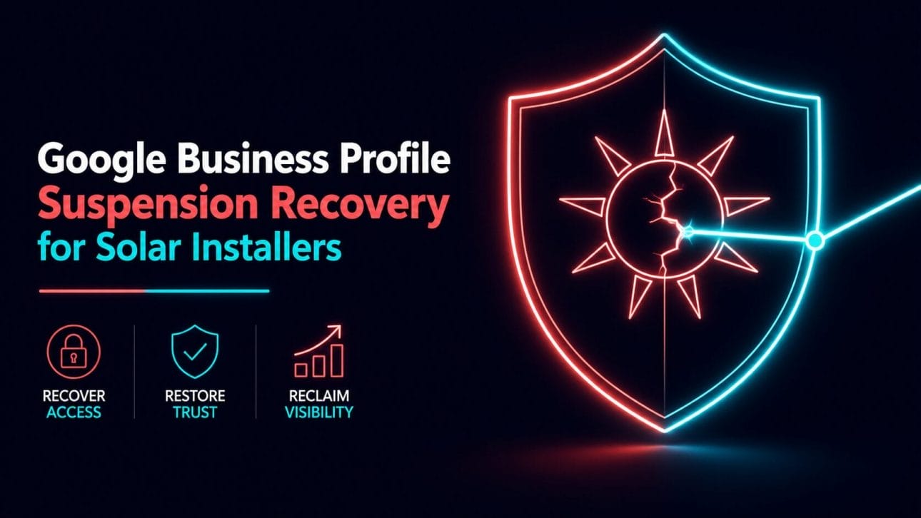 Glowing shield icon with a repaired crack, representing Google Business Profile suspension recovery for solar installers.
