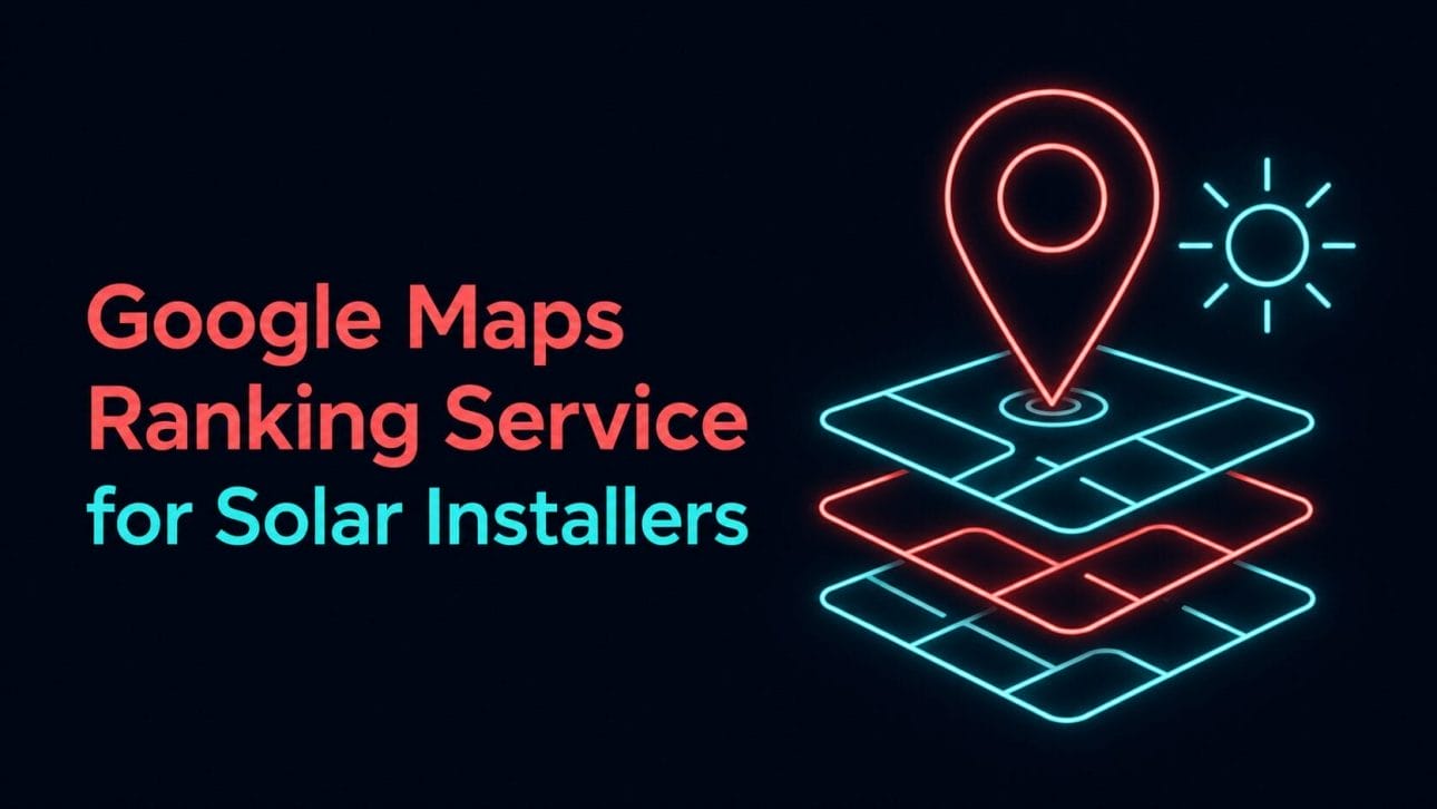 Glowing map pin above stacked location markers representing Google Maps ranking for solar installers.