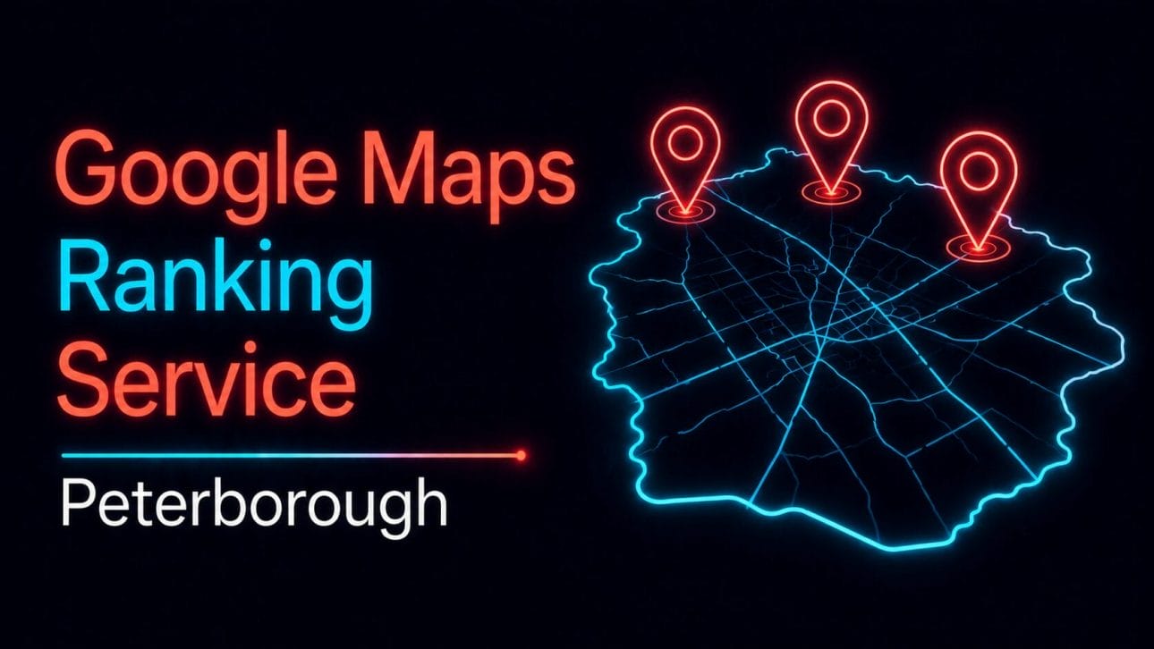 Glowing stylised map with three highlighted pins, representing Google Maps ranking service for Peterborough trades businesses.