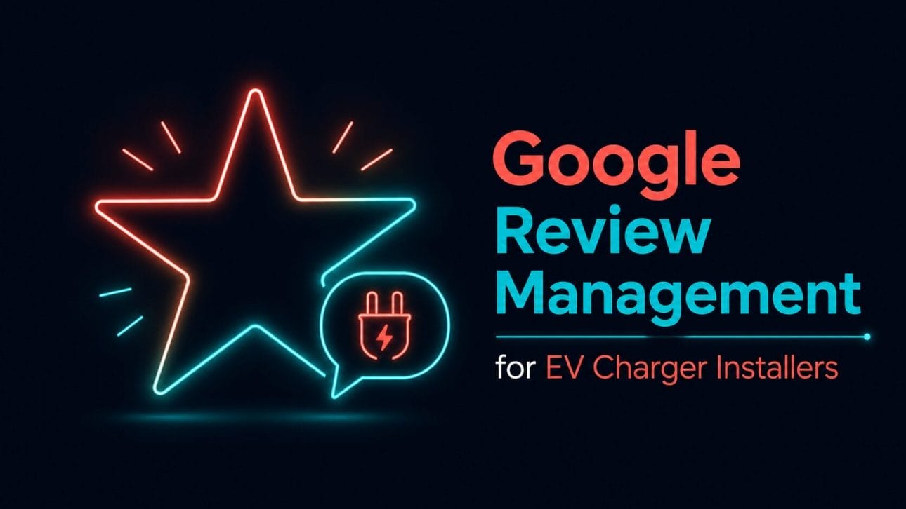 Glowing star and speech bubble icon representing Google review management for EV charger installers.