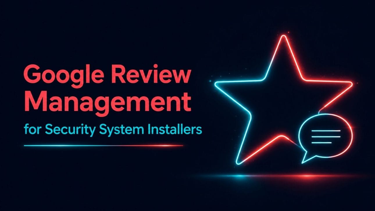 Glowing star and speech bubble icon representing Google review management for security system installers.