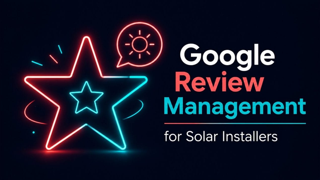 Glowing star and speech bubble icon representing Google review management for solar installers.