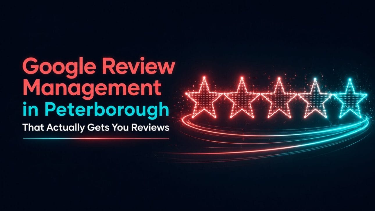 Glowing five-star rating made of light trails representing Google review management in Peterborough.