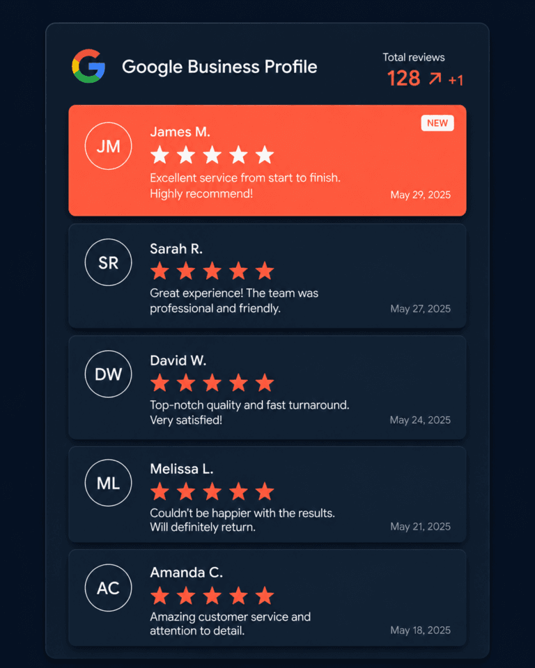 Google reviews for tradespeople UK shown as star ratings and review cards on a Google Business Profile