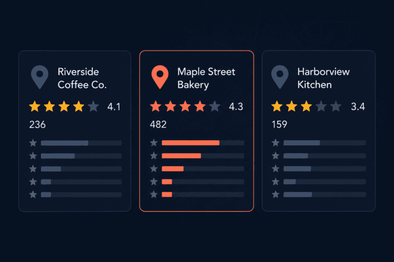 How many google reviews to rank local pack chart comparing review counts across three Google Business Profile listings