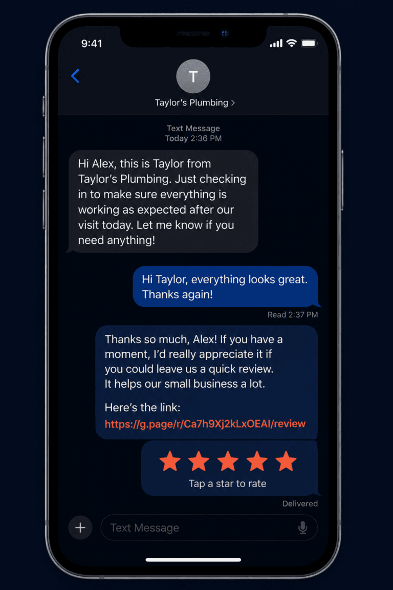 How to ask for google reviews tradesperson text message with a direct review link on a smartphone screen