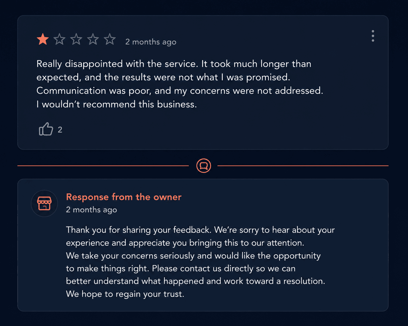 How to respond to bad reviews tradesperson UK example showing a calm, professional reply beneath a one-star Google review