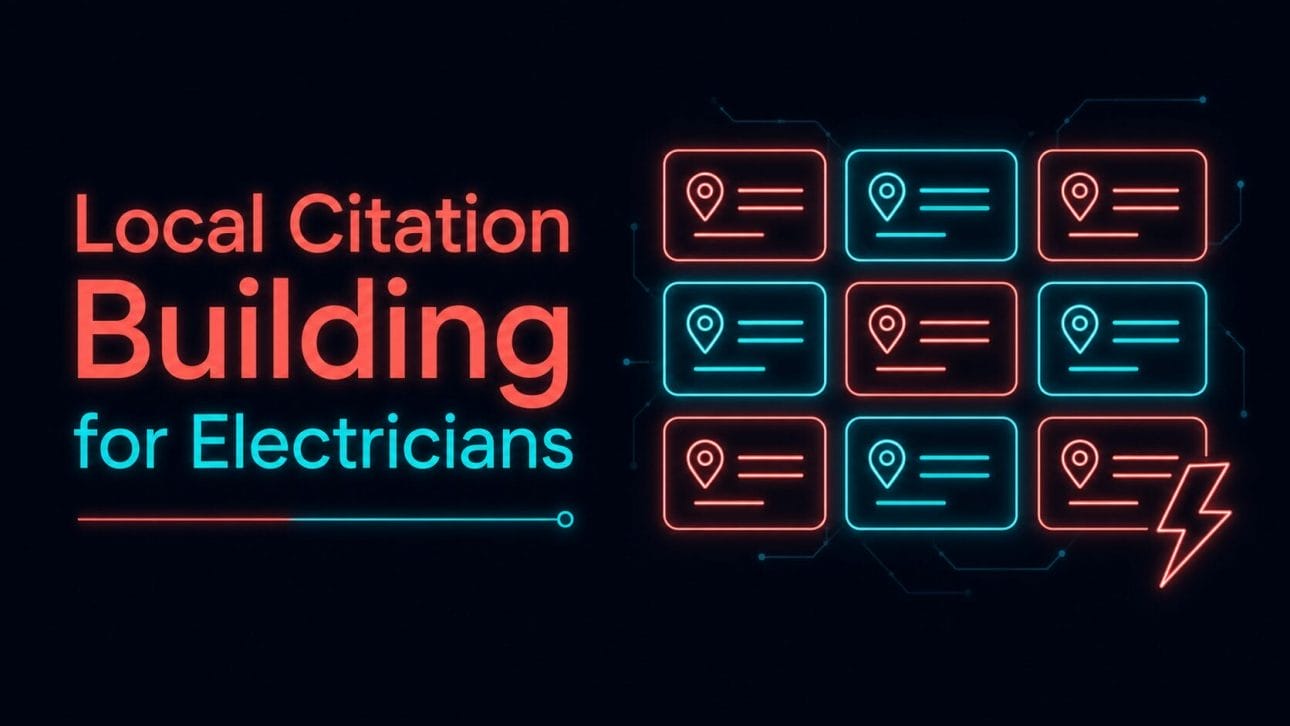 Glowing grid of directory listing cards representing local citation building for electricians.