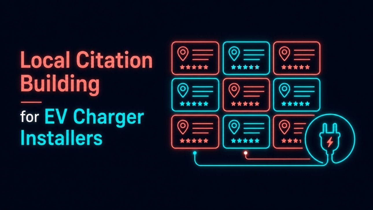 Glowing grid of directory listing cards representing local citation building for EV charger installers.