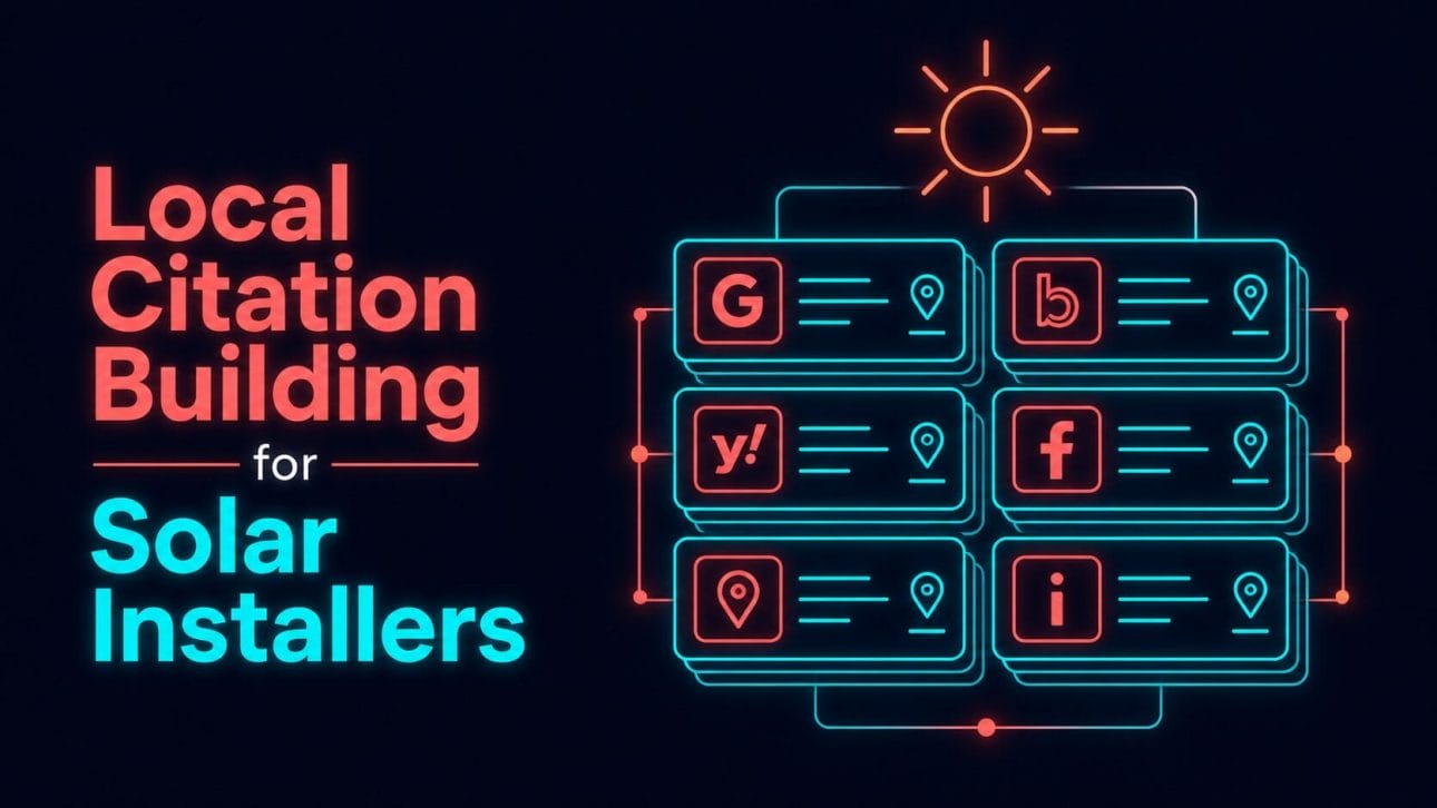 Glowing grid of directory listing cards representing local citation building for solar installers.