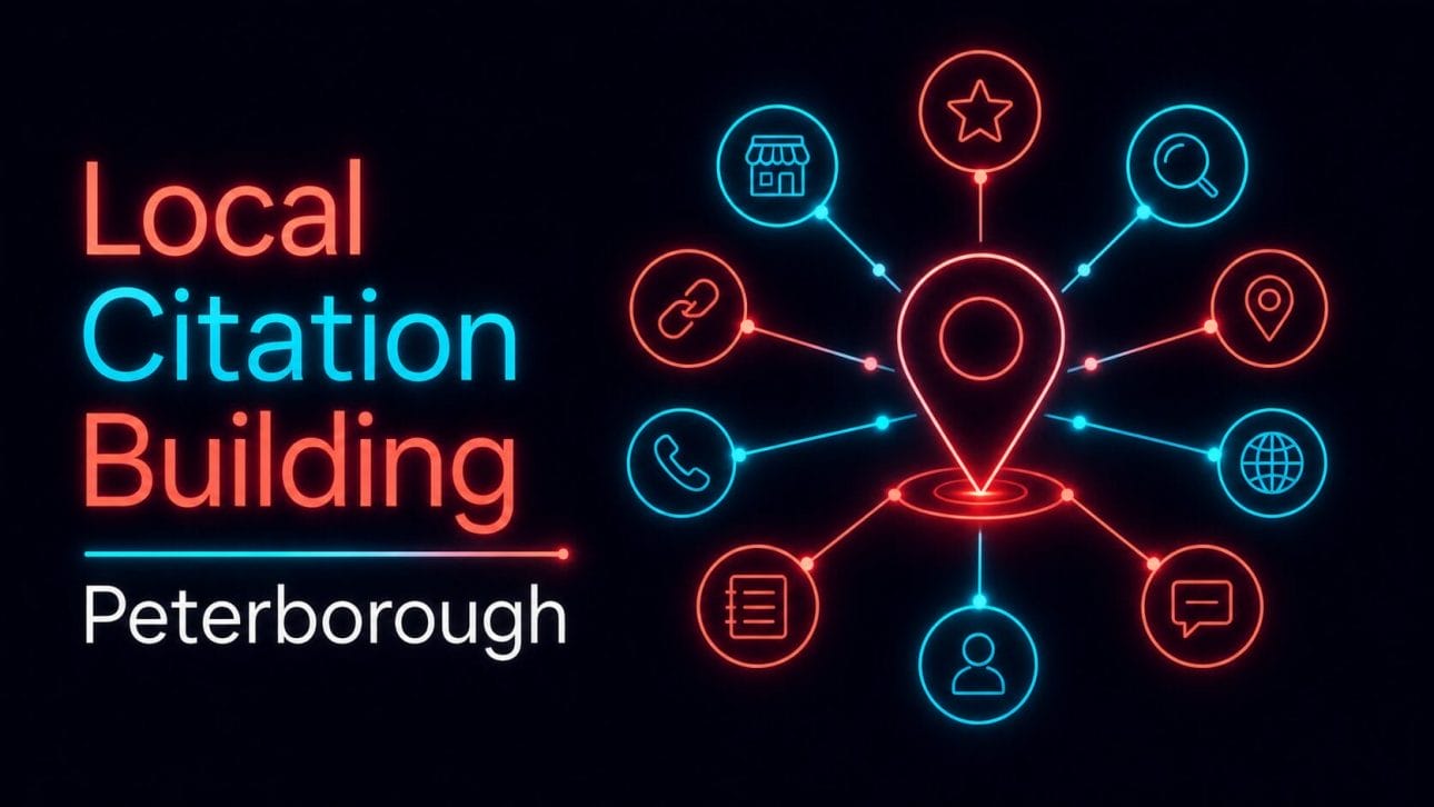 Glowing network of nodes connecting to one central pin, representing local citation building in Peterborough.