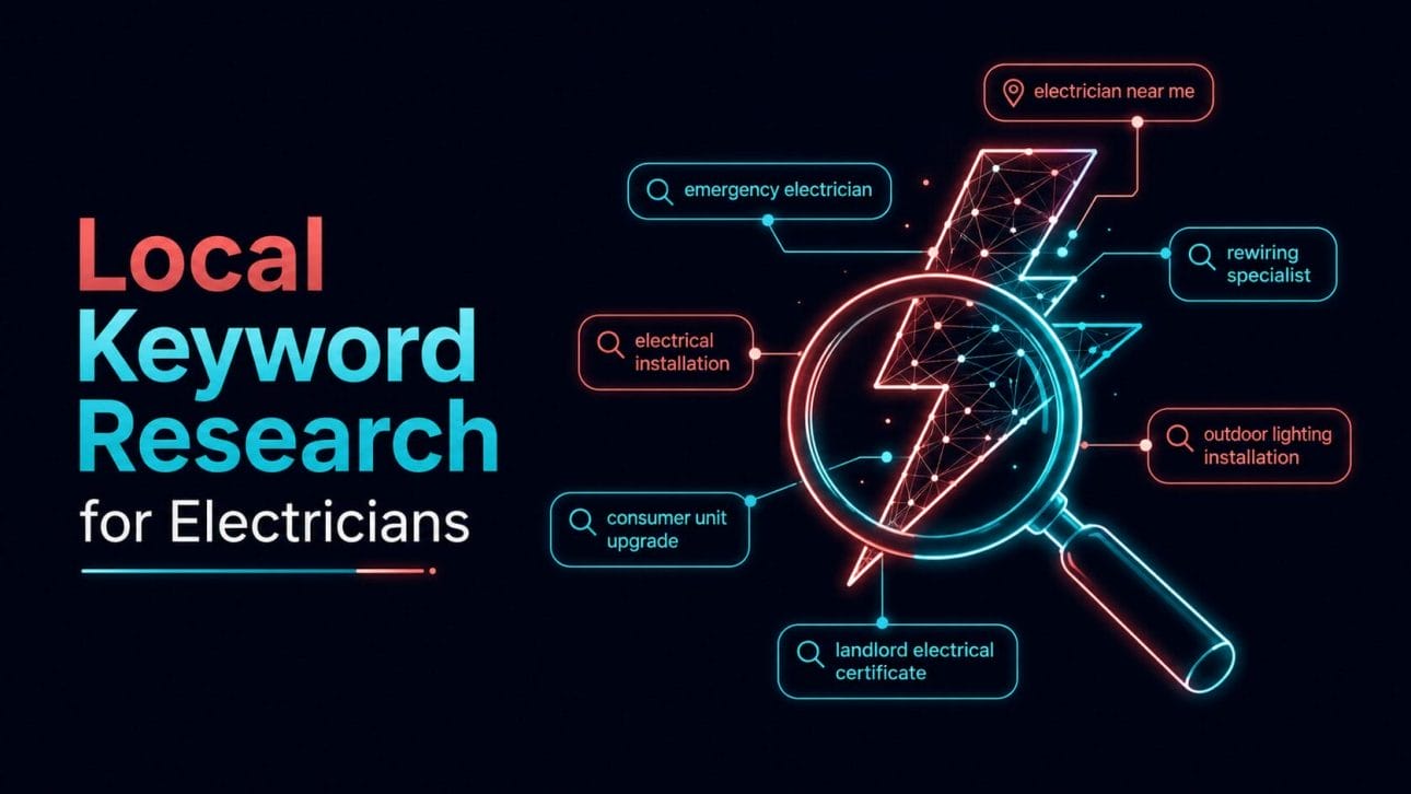 Glowing magnifying glass over search terms representing keyword research for electricians.
