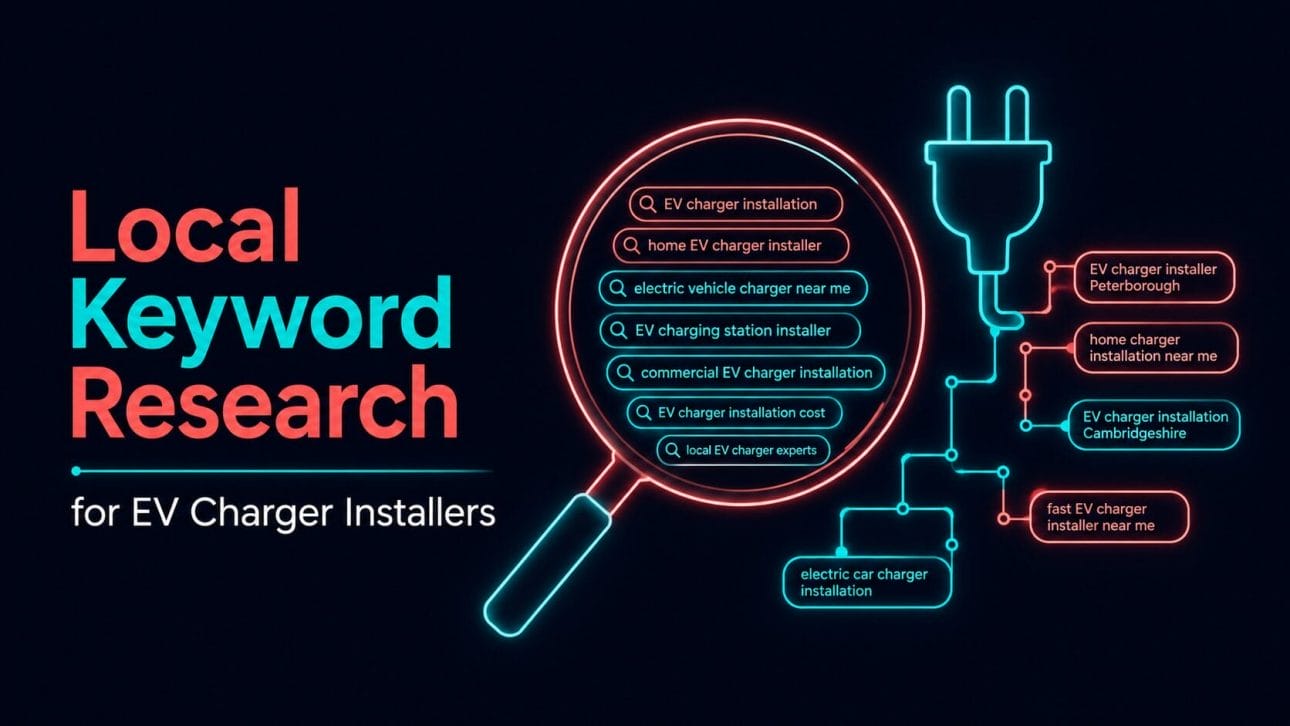 Glowing magnifying glass over search terms representing keyword research for EV charger installers.