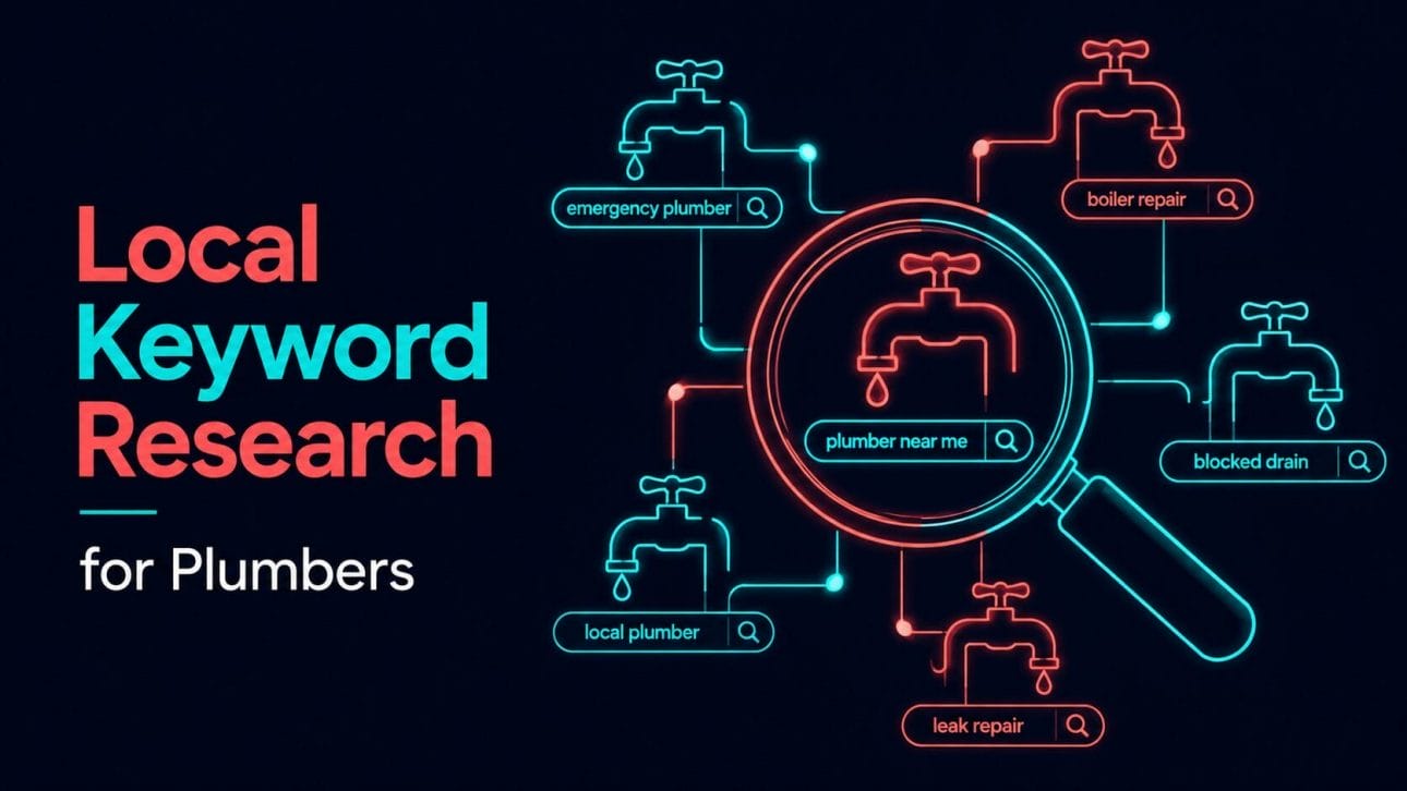 Glowing magnifying glass over search terms representing keyword research for plumbers.