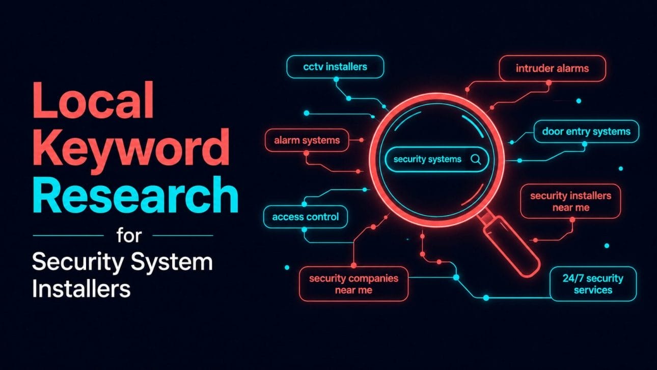Glowing magnifying glass over search terms representing keyword research for security system installers.