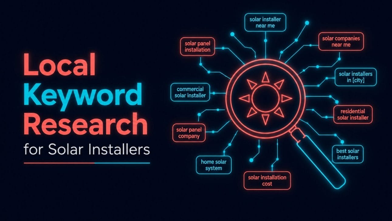 Glowing magnifying glass over search terms representing keyword research for solar installers.