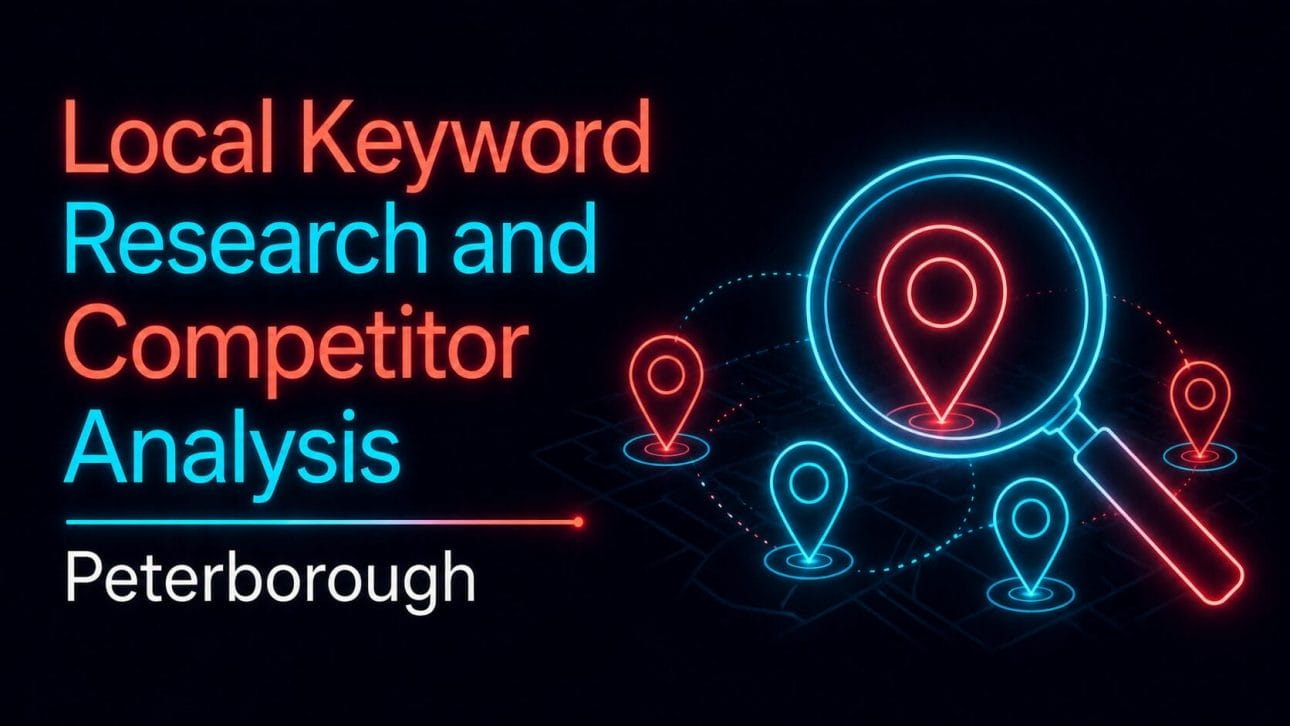 Glowing magnifying glass over a cluster of map pins, representing local keyword research for Peterborough trades businesses.