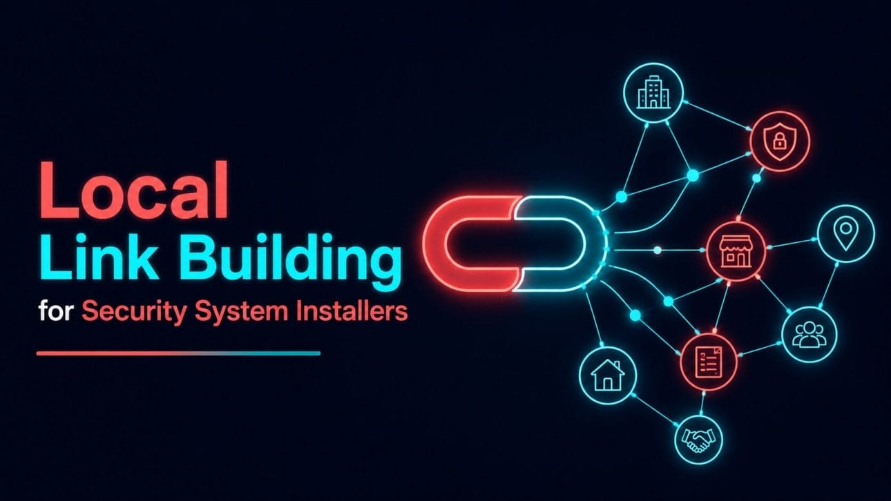 Glowing chain link and network icon representing local link building for security system installers.