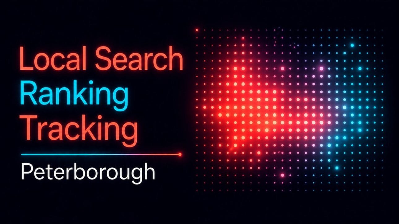 Glowing heat map grid in a coral-to-cyan gradient, representing local rank tracking for Peterborough trades businesses.