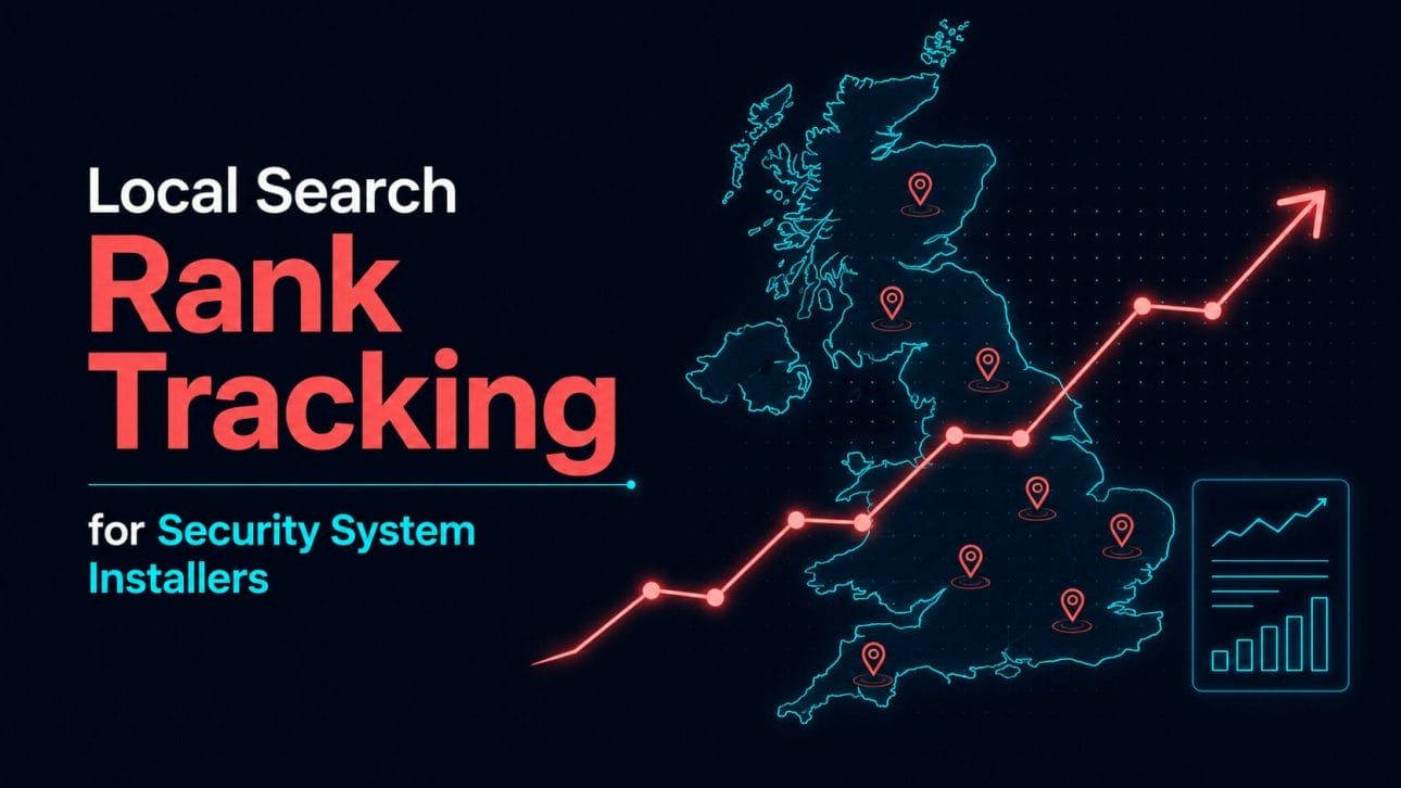 Glowing rising graph over a map outline representing local search rank tracking for security system installers.