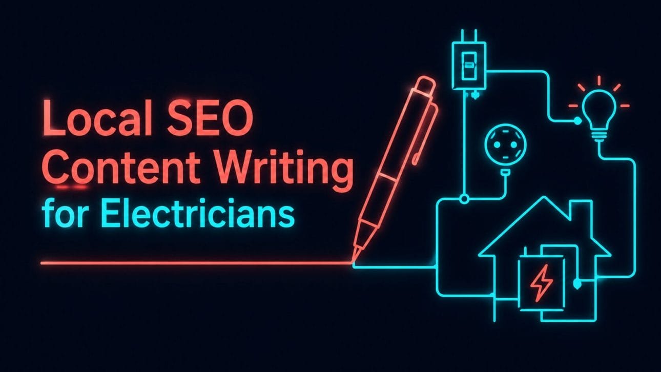 Glowing pen and wiring diagram icon representing local SEO content writing for electricians.