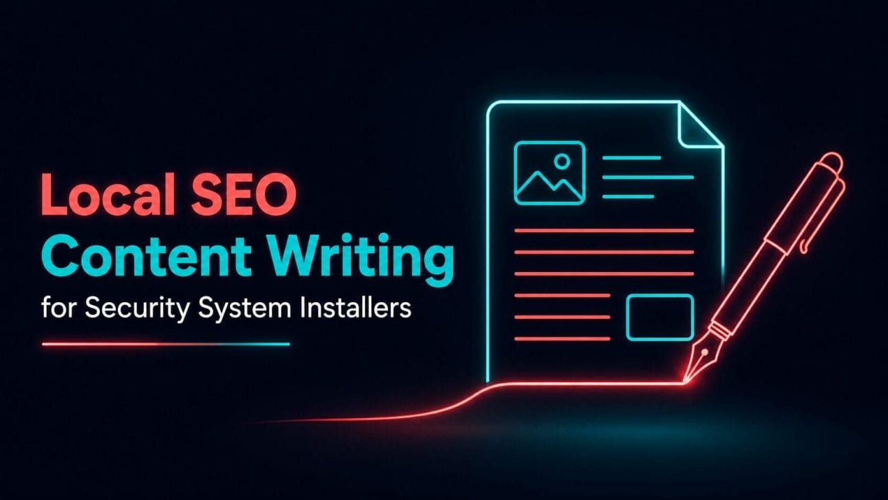 Glowing pen and document icon representing local SEO content writing for security system installers.