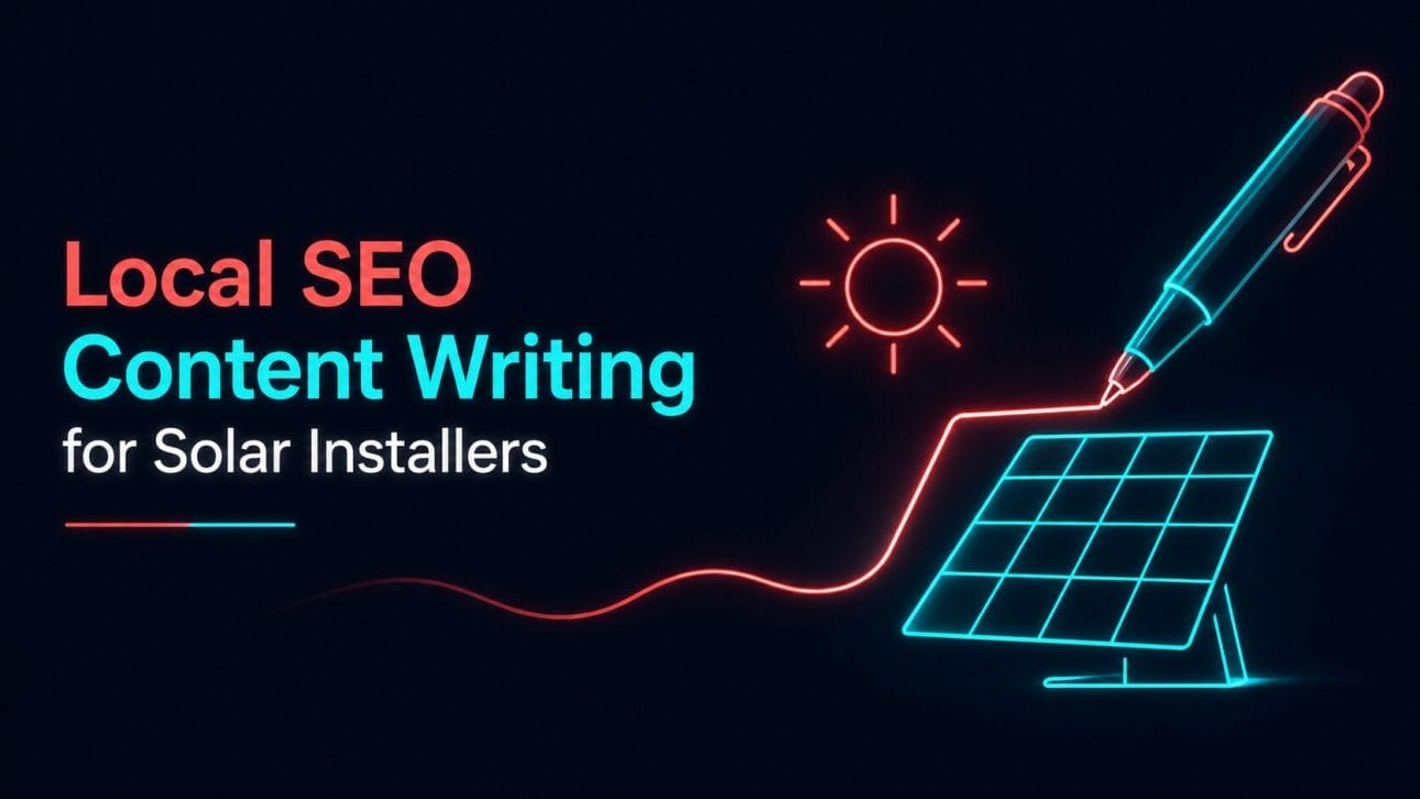 Glowing pen and solar panel icon representing local SEO content writing for solar installers.