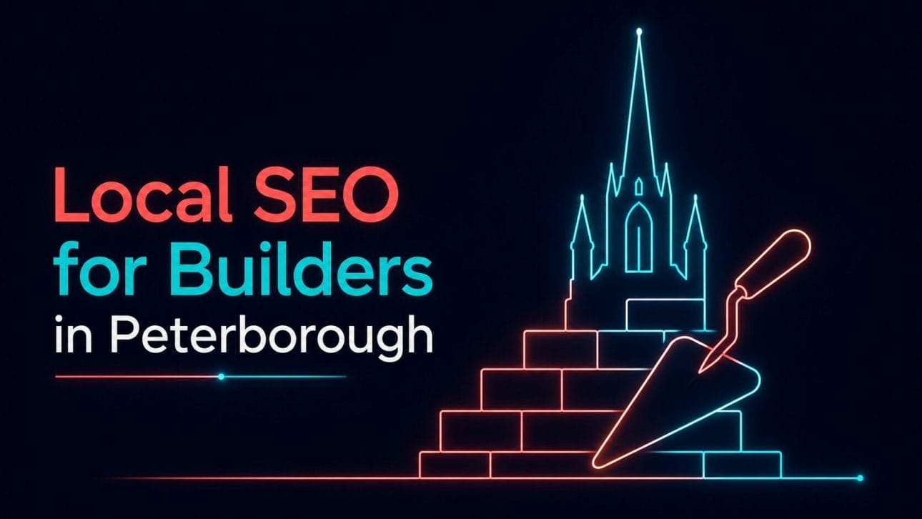 Glowing brick, trowel and cathedral spire silhouette in neon line art, representing local SEO for builders in Peterborough.