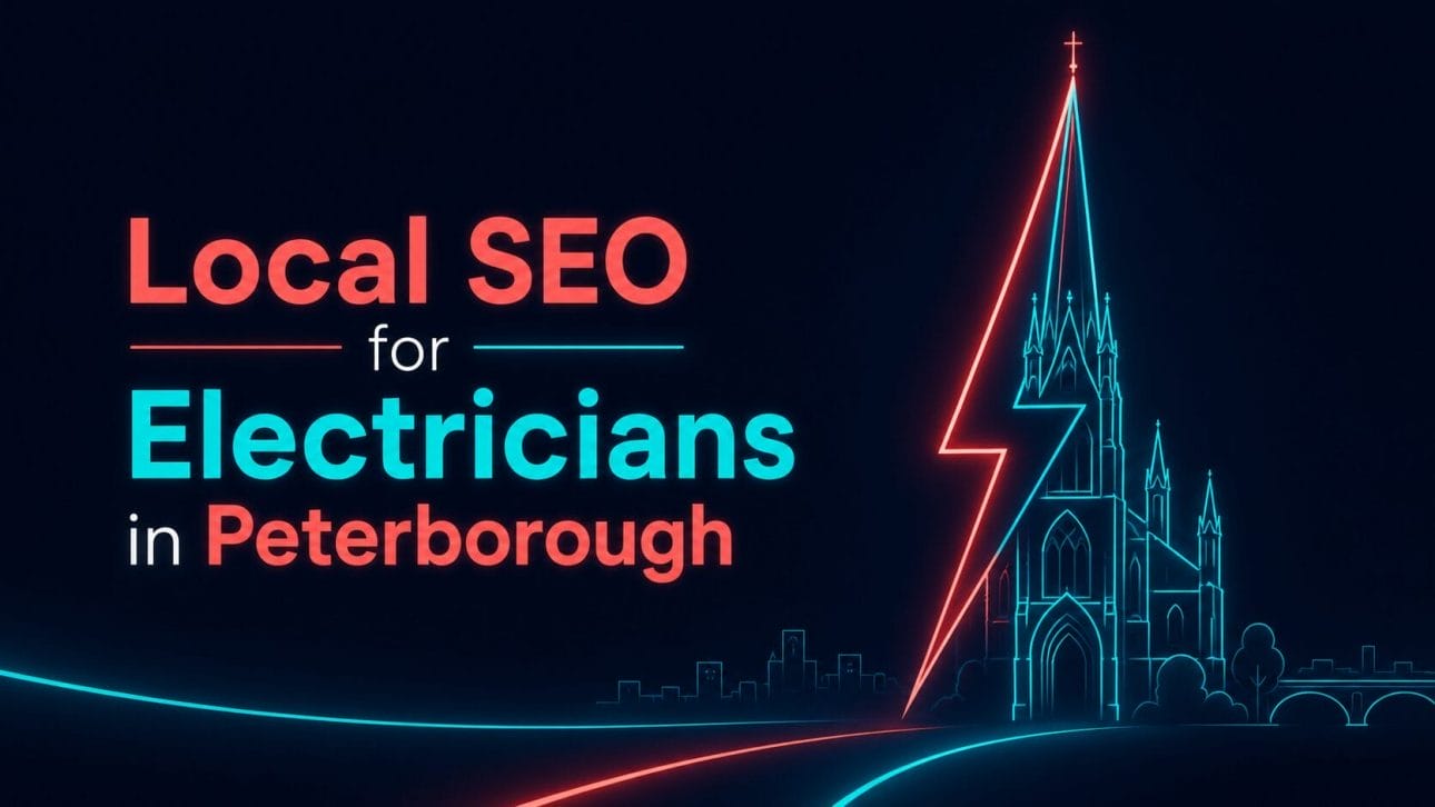 Glowing lightning bolt and cathedral spire silhouette in neon line art, representing local SEO for electricians in Peterborough.