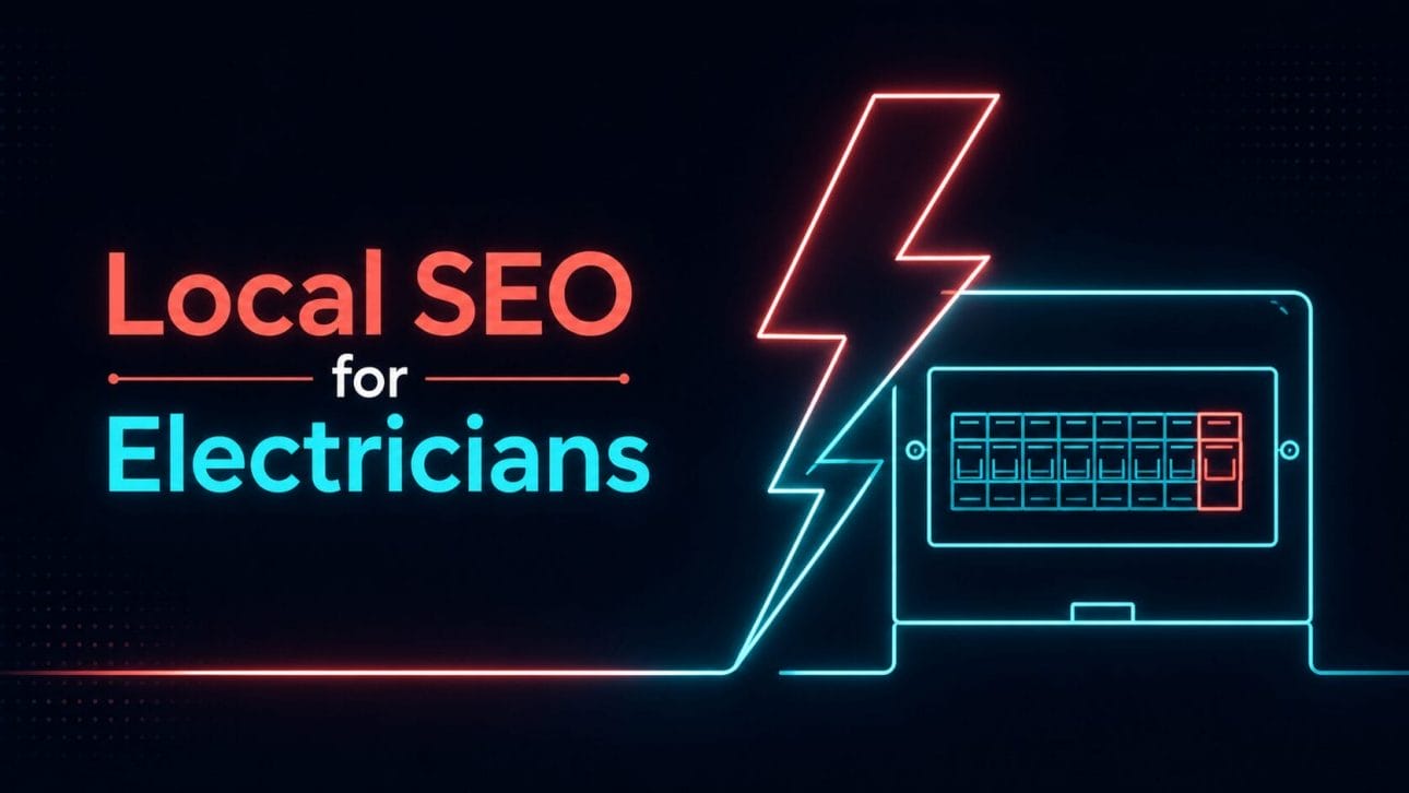 Glowing lightning bolt and consumer unit icon in neon line art, representing local SEO for electricians.