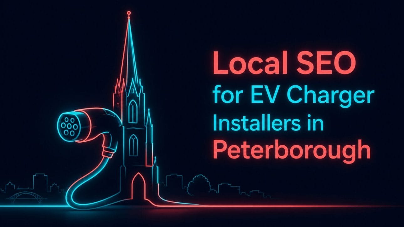 Glowing EV charging cable and cathedral spire silhouette in neon line art, representing local SEO for EV charger installers in Peterborough.