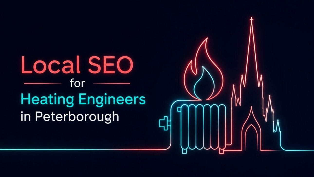 Glowing radiator, flame and cathedral spire silhouette in neon line art, representing local SEO for heating engineers in Peterborough.