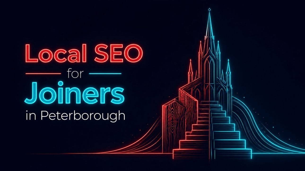 Glowing staircase, wood grain and cathedral spire silhouette in neon line art, representing local SEO for joiners in Peterborough.