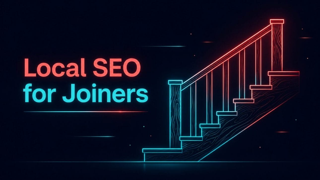 Glowing staircase and wood grain icon in neon line art, representing local SEO for joiners.
