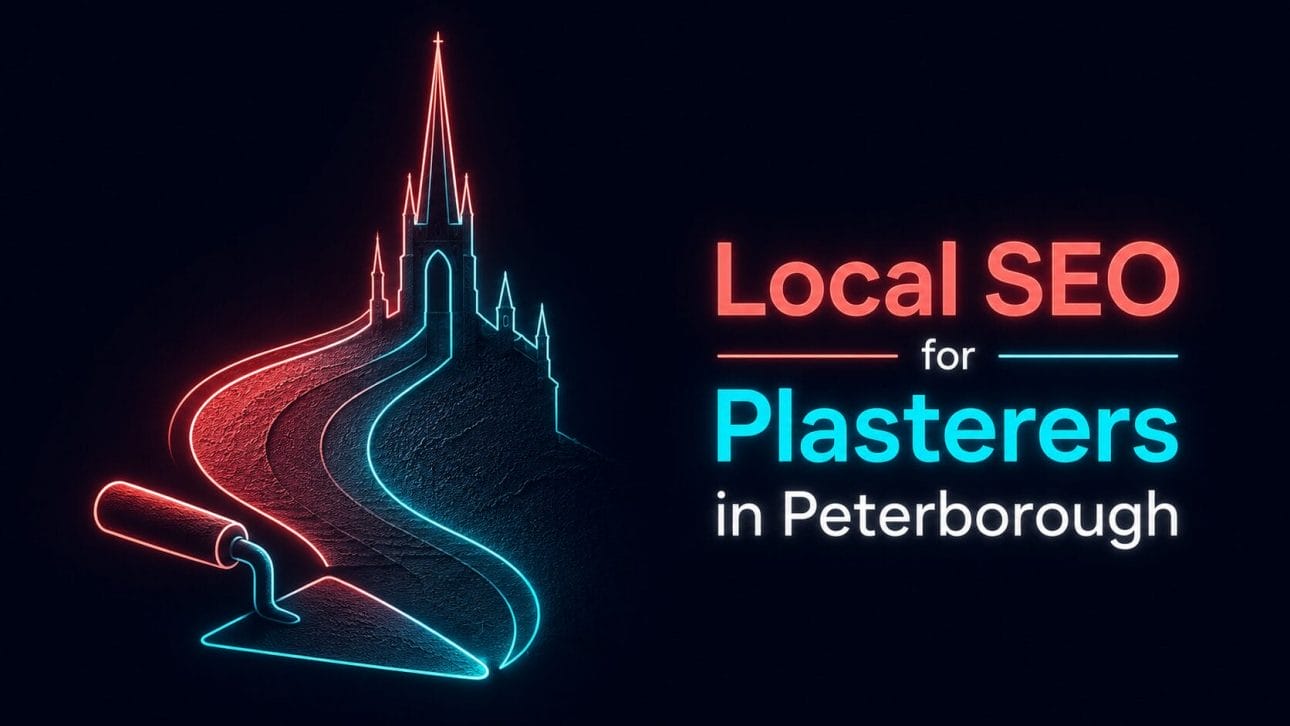 Glowing trowel, wall texture and cathedral spire silhouette in neon line art, representing local SEO for plasterers in Peterborough.