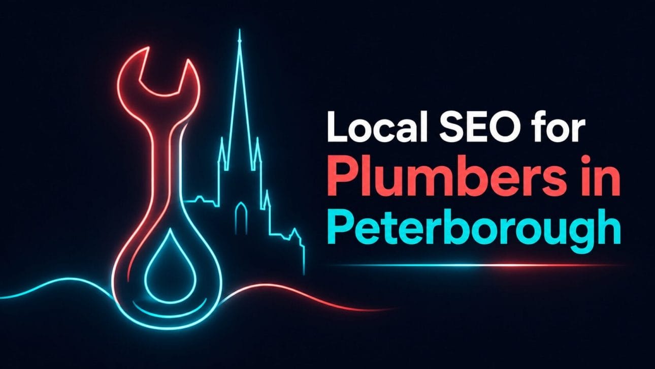 Glowing wrench, water droplet and cathedral spire silhouette in neon line art, representing local SEO for plumbers in Peterborough.