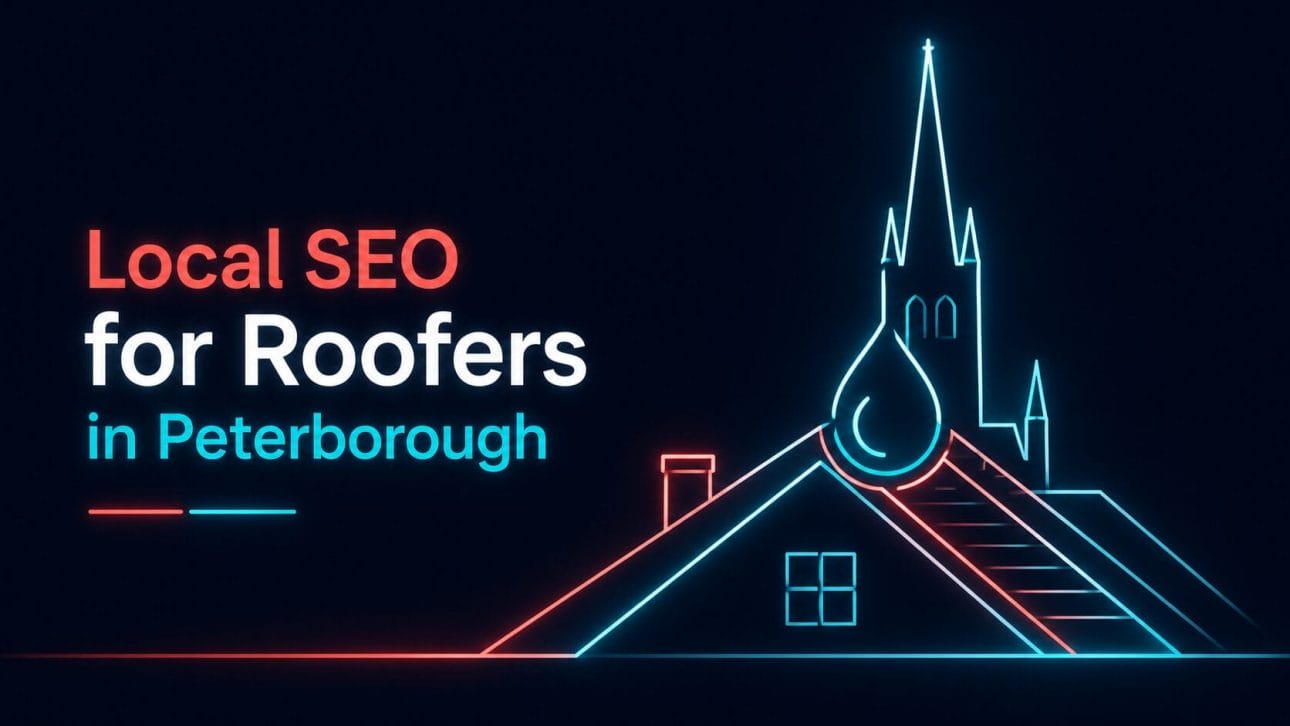 Glowing roofline, rain droplet and cathedral spire silhouette in neon line art, representing local SEO for roofers in Peterborough.