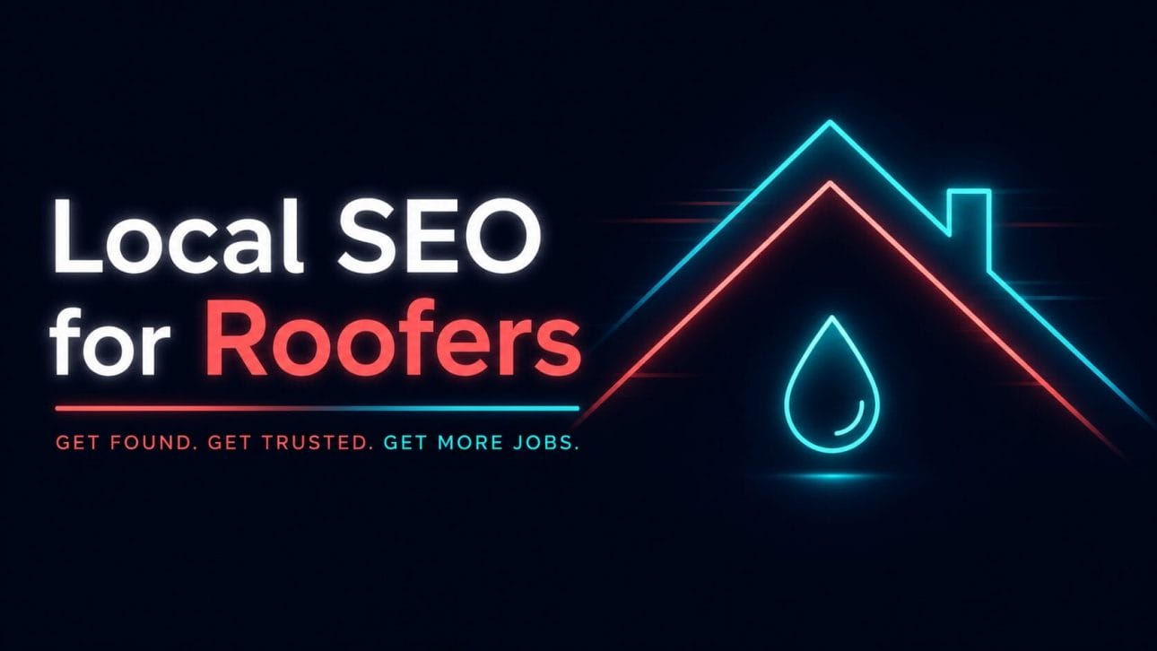 Glowing roofline and rain droplet icon in neon line art, representing local SEO for roofers.