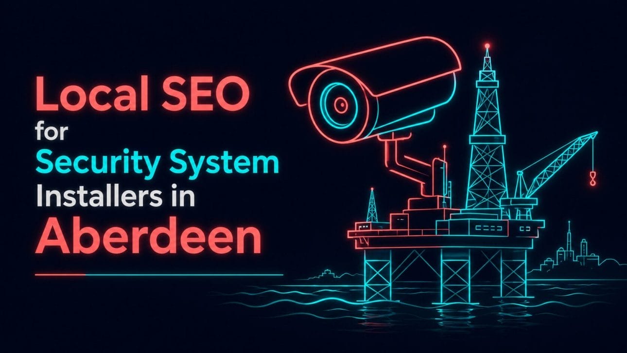 Glowing CCTV camera and oil rig silhouette in neon line art, representing local SEO for security installers in Aberdeen.