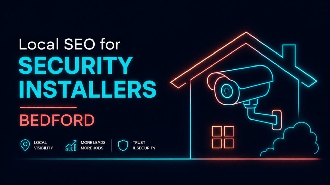 Glowing CCTV camera and house outline in neon line art, representing local SEO for security installers in Bedford.