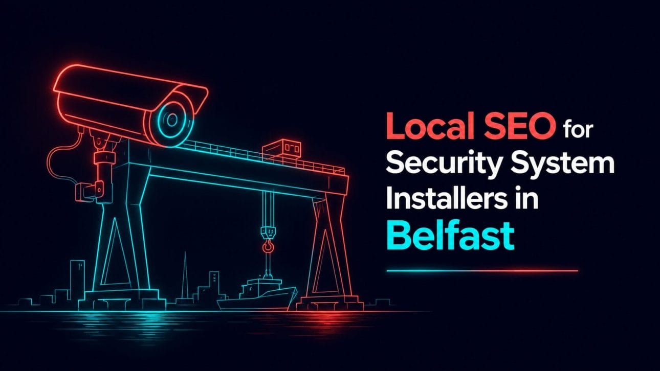Glowing CCTV camera and shipyard gantry crane silhouette in neon line art, representing local SEO for security installers in Belfast.